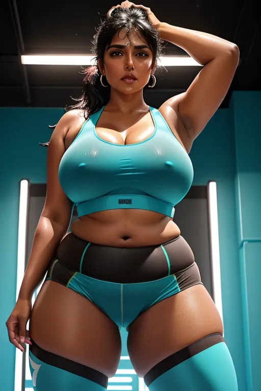 8k resolution, hyperdetailed, professional photograph, of a 30 year old overweight Indian woman, dark brown skin, fat belly, black hair in a ponytail, big pudgy ass, thick thighs, huge breasts, working out in a gym, doing squats, ((wearing skintight turquoise hotpants))((sheer sports bra)), (((obvious cameltoe)), wet clothes, huge hard nipples visible through her bra, eyes squeezed shut with exertion, breathing hard, mouth open, exhausted, soaking wet sweaty skin, flushed face, bindi, very pink nose, fluorescent lighting, five fingers per hand