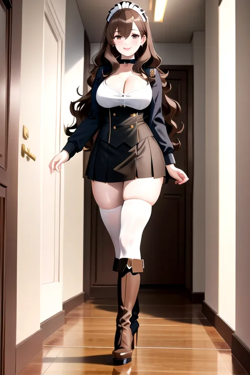 thigh high socks, miniskirt, brown maid uniform, brown hair, choker, brown eyes, pale skin, giant breasts, boots, cleavage, high heels, looking at viewer, walking across room, living room, 1girl, smiling, wavy hair, 8K, Full body photo