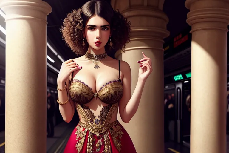 a illustration of,dua lipa,wearing empress dress,standing,in the london underground,amazing breasts,five slender fingers,curly hair,charming face,beautiful lips,brown eyes,curved eyebrows,curved eyelid,pale skin,romantic,tattoo,highly detailed,cgsociety,surreal,pixiv,professional
