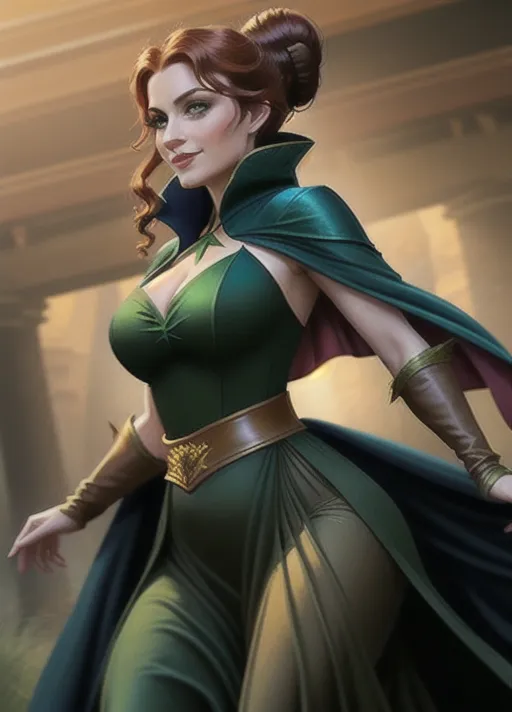 low angle dressed in elegant dark green velvet gown with black bodice with gold trim, green cape and gold belt, her hair done up in a low hanging bun, sweet Beautiful youthful sultry auburn haired newly turned vampire Queen Anna of Arendelle smiling as she runs her tongue across her newly formed pair of vampire fangs her eyes glowing bright red as she rises from her dark foggy cobwebbed crypt. photorealistic.