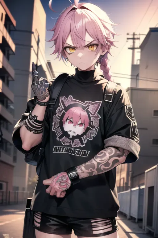 delinquent street punk in emo style clothes standing in refinery holding up the middle finger, looking at viewer, 1boy, braid, (huge ahoge:1.3), angry, closed mouth, frown, standing, torn clothes, piercings, jewelry, tattoos, finely detailed background, amazingly intricate background, incredibly absurdres, best quality, <lora:dpmg_middle_finger:1>