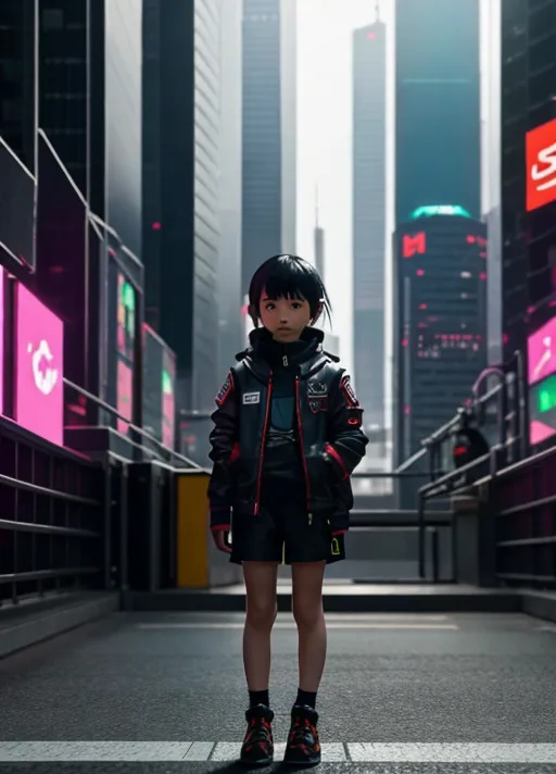 full body portrait of a small child, cyberpunk, in the background a gigantic gundam in a blurred city scene, artstation, 8k, octane render, unreal engine, very detailed, concept art, realistic, masterpiece, sharp, rule of thirds, (highest quality:1.8), highest resolution, (photorealistic:1.72), -s 55, -A dpm_2m_karras,