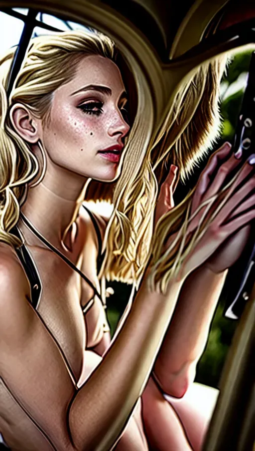 Withe girl, blond hair,french braid, a cup breasts, lots of freckles, fantasy outfit, ((legs spread)),braids hair, full nude, emancipated, lots of freckles, detailed facial features, textured skin, bondage harness, belts, jewelery, highly detailed, shoulder blades, rib cage, hip bones, high res skin texture, ((sit on a banch in a church)), (((mariage event in the church))), mariage guest, ((lot of poeple sit in the chair))