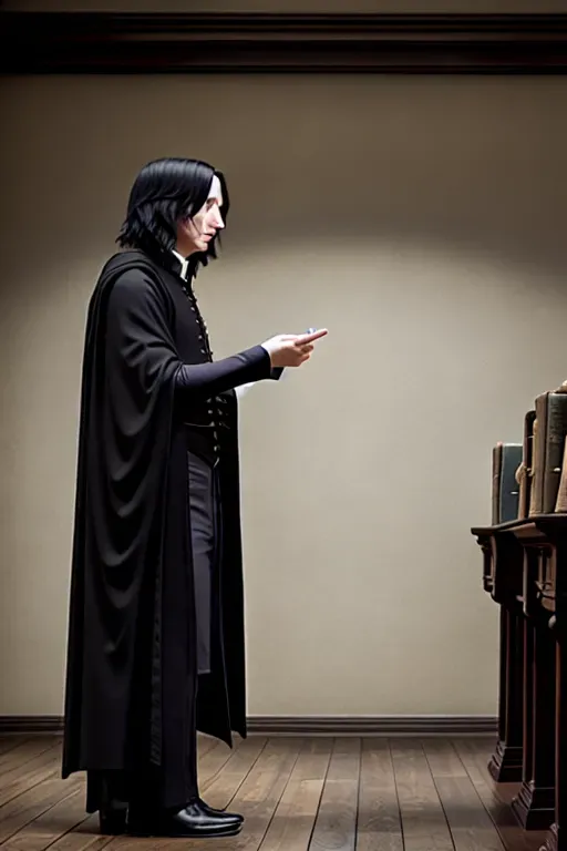 hogwarts, Severus snape, full body, in classroom, raised arm, side view