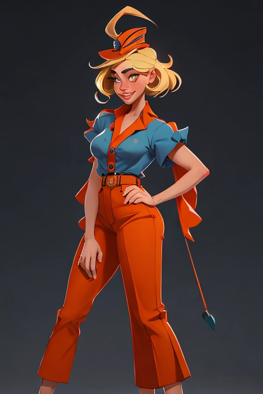 frawing grafitti stile, She has a narrow face with large, wide-set eyes that are emphasised by thick eyelashes. Her nose is small and pointed, and she wears a broad, confident smile with visible teeth. Her hair is blonde and stylised in a large, backward curve,
She wears a short-sleeved orange top that emphasises her waist. She combines this with long, navy blue trousers with wide legs that have orange stripes on the sides. The trousers sit high on the waist and are fastened with a large, visible button.
Wears a blue cap.
She stands in a confident, flirtatious pose with one hand on her hip and the other hanging loosely. Her body is tilted slightly backwards and she has one leg extended and the other slightly bent, conveying a relaxed but confident posture.
She wears simple, flat shoes that match the rest of her clothing