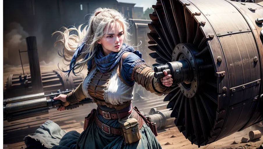 A digital photograph of, professional photograph, 1 (beautiful strong peasant woman) is ((shooting a Gatling gun)), awesome breast exposed, she wears torn medieval peasant clothes, large torn tunique with neckline, very long large monochrom skirt with patches, belts with grenades and around her hips, <lora:dpmg_add_detail:1.4>, highly detailed, beautiful face, perfect blue eyes, beautiful lips, perfect breast, wrecked tanks, five fingers per hand, UHD, HDR, vivid colours, highest quality, highest resolution, (photorealist:1.2), (photorealism:1.2), (masterpiece:1.2)