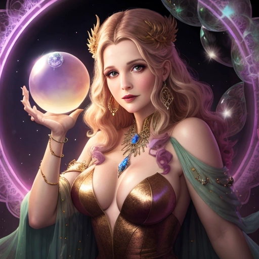 Drew Barrymore, fey goddess, hypnotizing viewer with a crystal ball