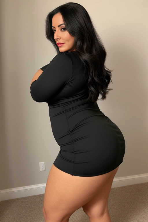 a strikingly beautiful Latina woman, with long, dark hair that cascades down her back in waves, piercing green eyes, she is older in age but with tired eyes. A body that used to be fit is now slightly weighty.
dressed in a short tight, black dress that accentuates her curves, and you can see the curve of her ass peeking out from beneath the hem. She wears red lipstick that highlights her full lips and a pair of black stiletto heels that give her an extra boost of height.