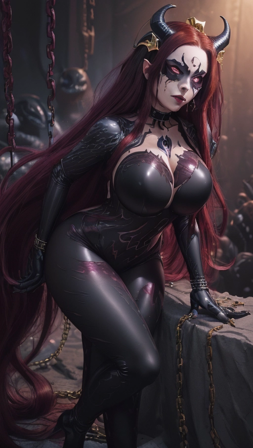 best quality, (((ultra high res))), (detailed face and eyes), (succubus), hearts, ((perfect face)), (necklace), (((big choker))), golden earrings, jewelry, gloves, ((gold)), (((big pink diamond diadem))), (big pink diamond crown), hourglass body, ((handcuffs)), handcuffed, ((((chained)))), (tied up), ((((black symbiote goo suit)))), ((((symbiote succubus)))), ((big cameltoe)), ((((burgundy red hair)))), ((((extremely long hair)))), ((((straight hair)))), ((black boots)), ((((black symbiote neckholder suit)))), (((black legs))), (((black gloves))), (((((very long voluminous hair))))), (((((hair raising succubus))))), ((((raising hair)))), (((((very voluminous hair))))), ((black symbiote hips)), ((black symbiote thighs)), ((perfect eyes)), ((((face closeup)))), (((black symbiote leggings))), (((corruption))), ((((burgundy red hair everywhere)))), ((huge tits)), ((huge boobs)), (((heart))), ((((black tight t-shirt)))), ((((black symbiote goo corruption face)))), (((symbiote girl masquerade))), pink shining eyes
