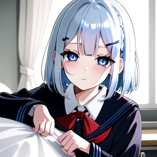 super resolution, bedroom, white hair, reverse bob, detailed hair, three basic blue hair clips inline, blue jaded eyes, rounded chin, school uniform, <lora:dpmg_upshirt:1>
