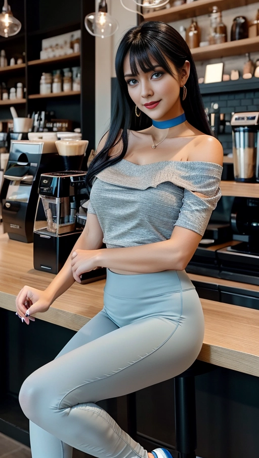 lithe, off shoulder shirt, tight full length leggings, choker, natural bare breats,
five fingers per hand,l ong black hair, (blue eyes),beautiful faces,beautiful lips,curved eyebrows, cute smile ,curved eyelids,textured skin,professional,satisfaction,unreal engine,bokeh,sharp focus,coffee shop
Full body shot
