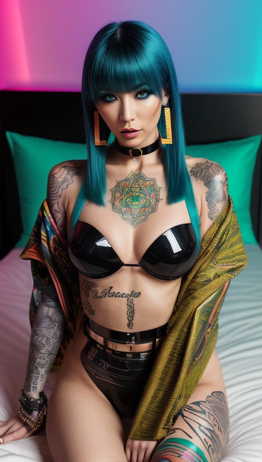 Nationality - Japanese,
Age - 28 years,
Year - 2023,
Skin type - Fair,
Hair color - Electric blue,
Hair style - Long and straight with blunt bangs,
Face - Delicate features with high cheekbones,
Eyes - Large, almond-shaped, with emerald green contacts,
Mouth - Full lips, painted in a bright, metallic gold lipstick,
Nose - Sleek and well-defined,
Clothing style - Avant-garde kimono, reimagined with futuristic materials and vibrant, neon patterns,
Location - In bed in Tokyo hotel with neon lights and holographic advertisements shining through window,
(((Position and pose - lying in bed))),
Emotional expression - Smirk, full of mischief and daring,
Accessories - Oversized, geometric earrings and a choker necklace with LED lights,
Make up - Bold, with sharp winged eyeliner and shimmering eyeshadow,
Tattoos - A sleeve of colorful, abstract digital art on one arm,
Camera angle - Slightly below, to accentuate her towering presence,
Lighting - A mix of neon lights from the surroundings, with a spotlight to highlight her face,
Resolution - High, to capture the intricate details of her makeup, tattoos, and the textures of her outfit,
Camera type - Mirrorless, for its capability to shoot high-quality images in low light,
Camera settings - Wide aperture (f1.4), fast shutter speed to capture the vibrant energy without blur,
Focus - ((On her eyes)), to capture the intensity and color contrast.