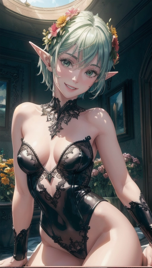 (Best quality, high quality wallpaper, high res, 4k, HDR, UHD), an adult woman, (a breathtaking masterpiece of close up portrait of a adult elf in sexy bodysuit in a fantasy bedroom), ((short) messy green hair with flowers on head, naked in sexy bodysuit:1.2),
(correct slender human anatomy), (extremely detailed green eyes looking a viewer:1.1), ((extremely detailed view of realistic face with happy expression:1.2)), beautiful detailed full lips smiling seductively showing teeth, ((zoomed in detailed view of realistic face)),
Beautiful fantasy bedroom, hyperrealistic skin with pores and blemishes, ethereal,
Close up portrait with cinematic composition of a adult elf in sexy lingerie, soft focus, sharp and clear image, (candid:1.1), (flat shading stylised colorful art:1.07), <lora:dpmg_add_detail:0.55>, (physically-based ray tracing, photon mapping, photorealistic:1.45), (high resolution masterpiece, 4K, HDR, UHD:1.45)