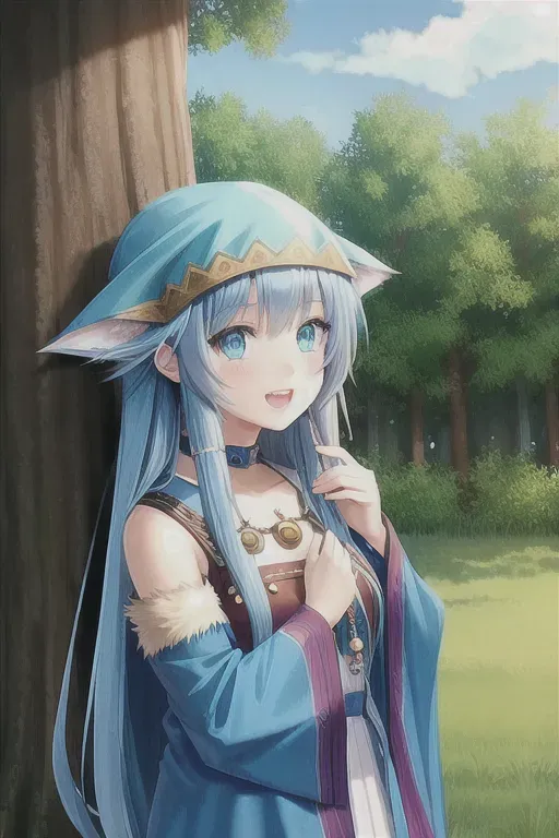 young druid girl, cat teeth, long blue hair, ice colored eyes, whiskers drawn on her chiks