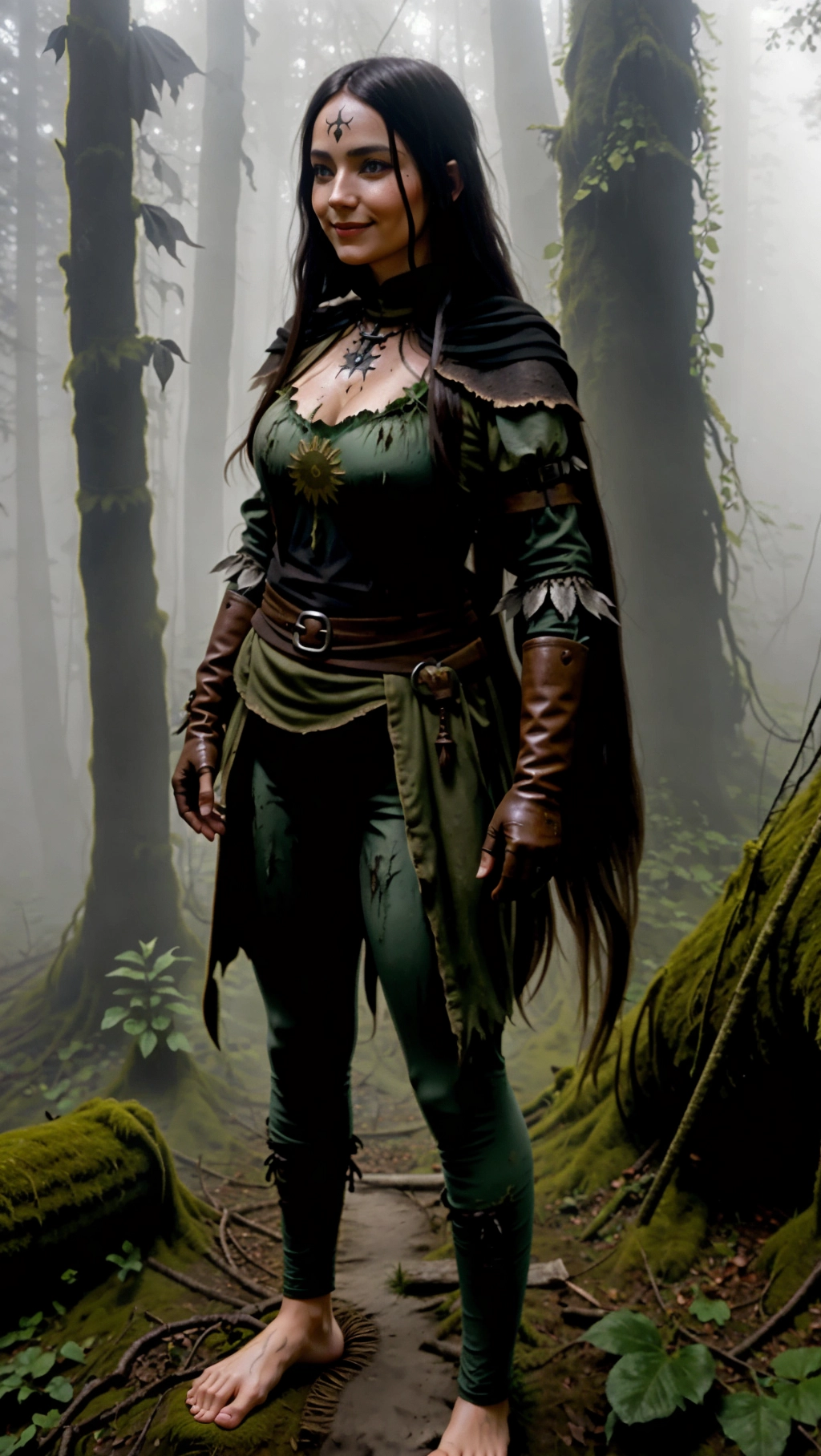 full-body image of a fit tan thin beautiful barefoot German adventurer woman with long hair wearing medieval adventurer attire while exploring a decaying forest, (beautiful petite feminine feet: 1.2), (barefoot: 1.3), (wearing warm black medieval adventurer attire: 1.2), (long dark hair: 1.2), (German woman: 1.3), (cursed foggy dark rotting decaying forest: 1.4), (black toenails: 1.2), (gloves: 1.3), (tights: 1.2), (magic glowing markings on feet: 1.3), (smug smirk: 1.2), (adventurer pants: 1.2),