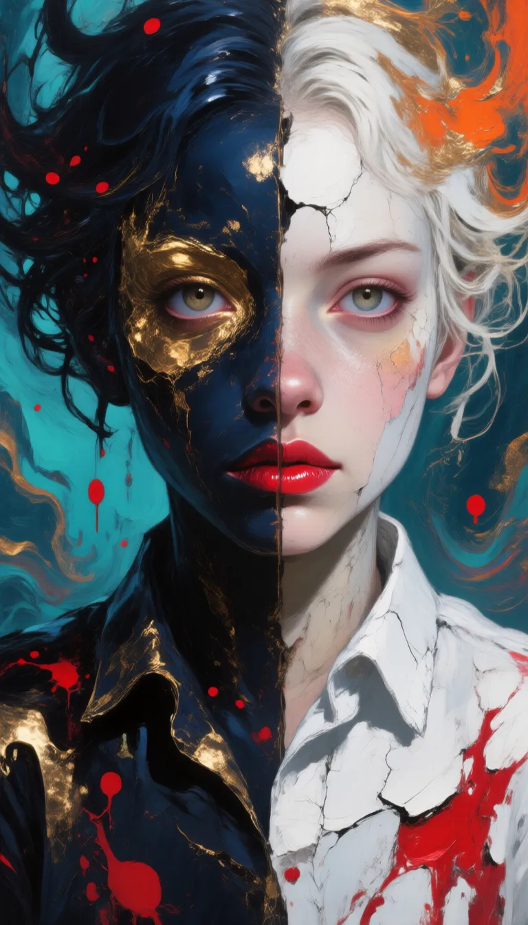 A hyperrealistic oil painting with digital art fusion, featuring a split-face portrait where the left half immerses in deep navy and black swirling liquid textures accented by metallic gold highlights and subtle crimson splatters, contrasting sharply with the right half's luminous white base adorned with textured impasto brushstrokes and vivid red abstract patterns on a glossy surface. The background erupts in turbulent fluid swirls of indigo, teal, burnt orange, and metallic gold, scattered with crimson droplets that seamlessly merge into the subject's abstract hair, creating a boundaryless flow. The subject, centrally positioned with one visible eye on each side, wears a chipped white shirt with cracked paint texture and glossy crimson lips, captured in a close-up eye-level view that intensifies psychological depth. Executed with thick impasto, visible brushstrokes, glossy glazes, and digital texture overlays, the artwork embodies ZdzisÅaw BeksiÅskiâs dystopian surrealism blended with contemporary digital abstract art. This masterpiece radiates chaotic elegance through ultra-high detail rendering, photorealistic textures, and high-quality craftsmanship, presenting a dreamlike intensity where background dynamics radiate outward from the centered face, all rendered in museum-worthy, gallery-quality precision.