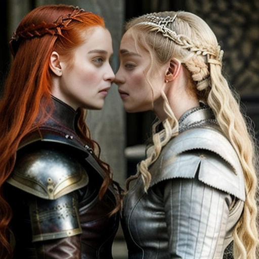 It is lesbian lust at first sight at the meeting of ((Plantinum Blonde Sansa Stark)) and ((Gingerhaired Daenerys Targaryen)) as they look seductively at each other