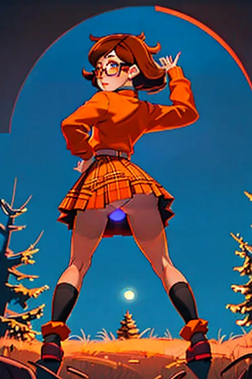 Photo from behind of, velma from scooby doo, young woman, wearing an orange sweater, wearing a plaid miniskirt, wearing knee high socks, looking at away from Camara, beautiful face, beautiful eyes, small pupils, short brown hair, in dark cemetery, at night, full moon, volumetric lighting, focused, ((crawling on all-fours)), lifted skirt, upskirt, ((fingering pussy)), erotic, (((no panties)))