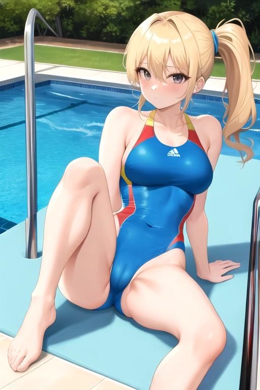 color picture, pool, one female, highcut swimsuit, (blonde hair:0.85), ponytails, thin waist, thin frame, skinny, thin legs, bare arms, buxom, accurate arms, accurate legs, cameltoe, sexy pose, high quality