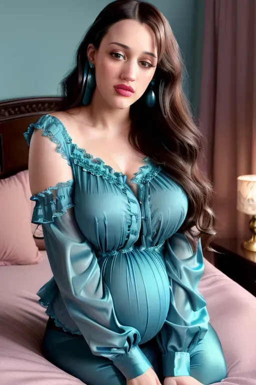 A 8k high resolution photo of,a (4 month pregnant) Kat Dennings in ((heavy makeup)), in a Victorian bedroom,((((looking at the camera)))),(((fully clothed))),(((wearing a teal off shoulder blouse))),(((((spread legs))))),beautiful lips,smooth textured skin, accurate face, detailed face,editorial,(highly detailed scene), dynamic lighting, masterpiece, volumetric lighting, cgsociety