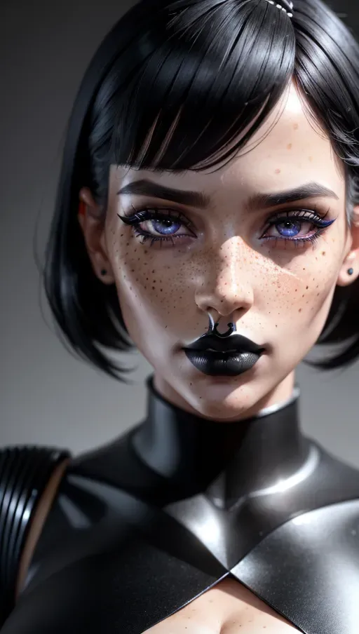 photorealistic, 8k, accurate face, (((detailed face))), (((replicate inspiration face))), freckles, black lipstick, black hair, love doll, sex doll, pleasure model inanimate,