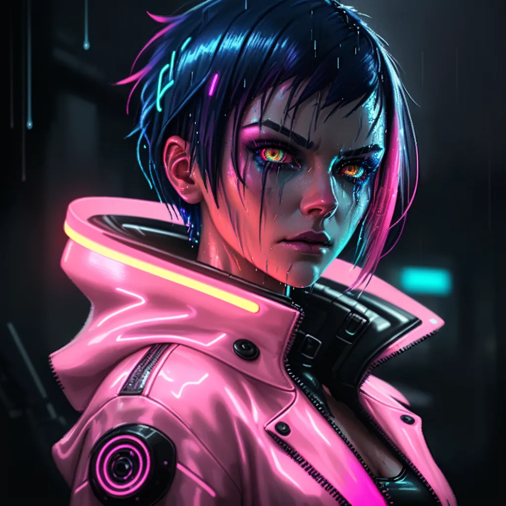 digital art, cyberpunk style, close-up of a woman with short blue hair, wet and shiny, rain falling in front of her face, red neon lights illuminating her face and hair, yellow eyes with a glowing effect, wearing a dark jacket with red neon Japanese text, serious expression, background blurred with more neon signs, high contrast, moody and atmospheric, glowing red and pink light reflections on her face and jacket, detailed textures on her skin and hair, raindrops visible, vibrant colors, futuristic and dystopian vibe, cybernetic and neon aesthetic, high detail, highly saturated colors, realistic yet stylized, evocative and intense atmosphere, dramatic lighting.