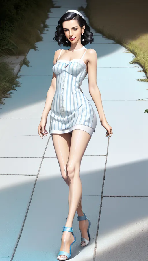 8k
cinematic
high definition
skinny young woman
(slim hips)
aged up
(cute accurate face)
short wavy brunette hair
shy
smiling
(small breasts: 1.4)
(skin tight white and light blue striped cotton minidress:1.4)
(white silk stockings)
(white high heel stiletto sandals: 1.5)
(accurate hands:1.3)
(french manicure)
(expensive ladies wristwatch)
(small white clutch purse)
(chrome earrings)
(lipstick)
(standing on sidewalk with grass either side)
(full body shot:1.2)
(full length frame:1.2)
(photorealism)