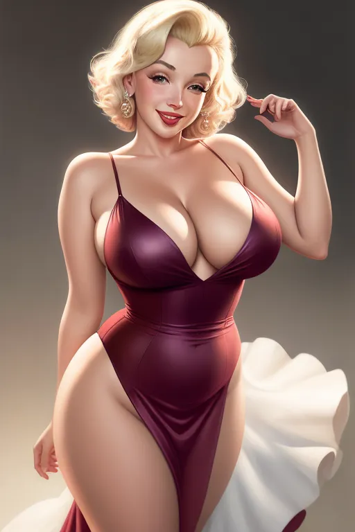 realistic artwork, marilyn monroe, super curvy, deep cleavage, big smile, dress, leaning towards viewer