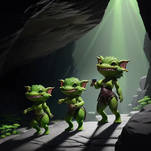 8k, a standing close group of 3 goblin females with green aligator skin in a prehistoric age, standing in a cave, rubing one over another in a dance, small curvy monsters, perfect stone flooring, perfect sexy faces, perfect female anatomy and perfect anatomic 8k details,