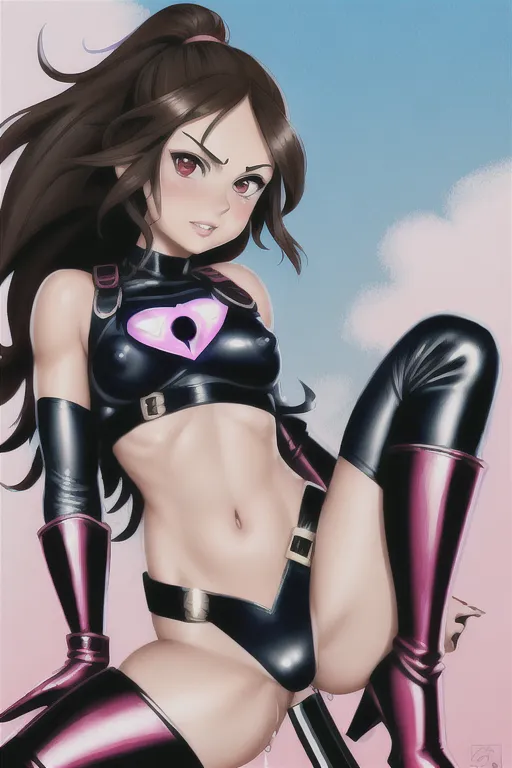 Superhero, shoulder length brunette hair, mila kunis, superhero mask, red eyes, small nose, blushing full cheeks, full lips, (((small breasts))), hard nipples, pink and black one crop top, ((underboobs)), ((showing nipples)), ((cum on breasts)) belt with gadgets, heart shaped emblem on chest, full thighs, thick ass, naked pussy fully, exposed, pussy juice flowing down leg, soaking wet pussy, hairy pussy, thigh high boots, flying, katana, war, carnage, high definition, cinematic lighting.