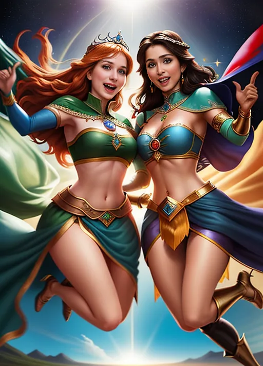 Beautiful cheerful Nordic Queen Anna of Arendelle portrayed by Elizabeth Lail with auburn hair, sparkling blue eyes and green cape flowing behind on a magic flying carpet ride alongside tan skinned Arabic black haired Princess Jasmine of Agrabah. photorealistic.