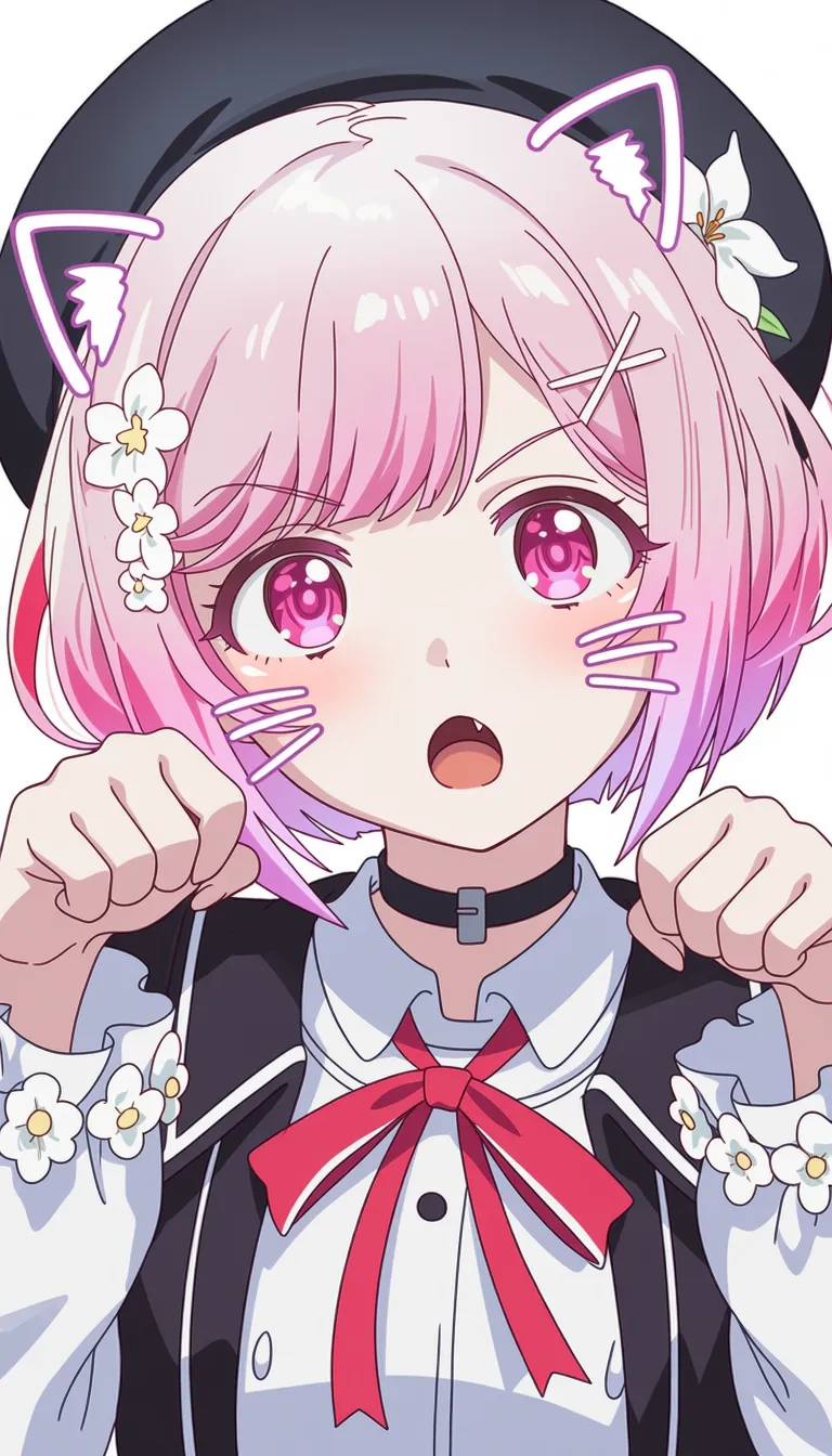 best quality, score_7, score_9, sensitive, very aesthetic, ultra detailed, fair skin, explicit, high contrast, 1girl, sakuraba ema,
animal ears, dog ears, drawn ears, fang, gradient multicolored pink short white hair, pink eyes, black collared coat, black hat, hat ribbon, x hair ornament, looking at viewer, open mouth, solo, hair flower, hat flower, white flower, beret, drawn whiskers, portrait, flower, dog girl, long sleeves, white sleeves, black choker, paw pose, gradient hair, hair ornament, ribbon, neck ribbon, flower-trimmed sleeves, pink hair, choker, multicolored hair, hat, coat, short hair,
The scene features a single anime-style girl with vibrant pink hair and large, expressive purple eyes. She is wearing a black hat adorned with a white flower and has drawn-on cat ears on her head, along with whiskers. Her outfit includes a white top with a red ribbon and a choker.