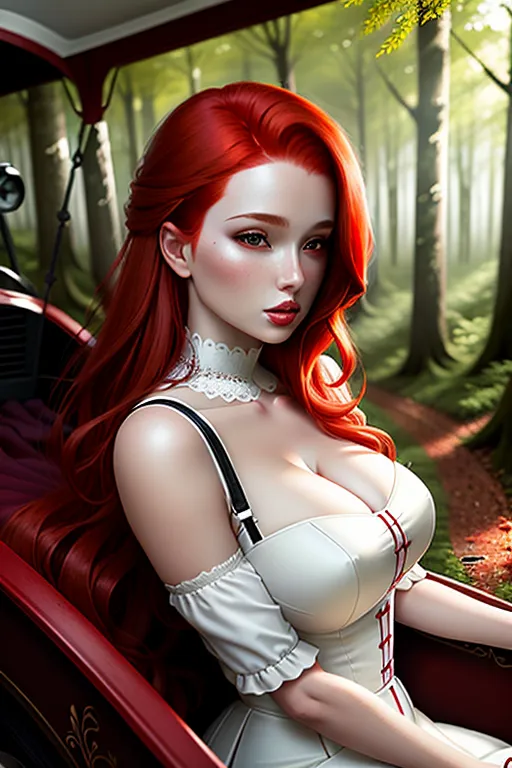 realistic, red hair, woman, torn white dress, medium breasts, sultry, erotic, sexually suggestive, forest, carriage in the background, beautiful, pretty