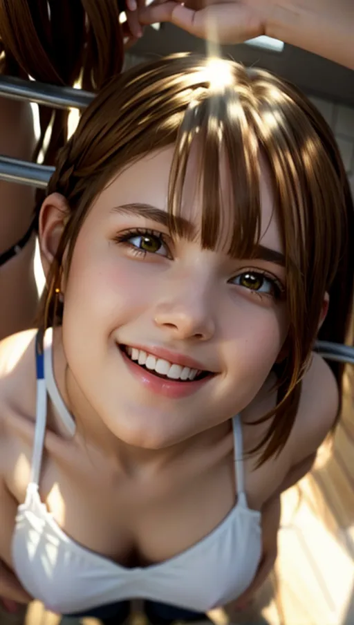 3 girls standing close together, ((all looking at the viewer)), they are facing forward, (((naked))), looking at the single swinging pendant, they all are hypnotized, expressionless blank look, touching each others bodies, nude, cute, perfect breast, hair in a braids, short hair, pigtails, brown eyes, pixie cut, thin bodies, perfect eyes, looking at the swinging pendant, wide open mouths, tongue is visible, awaiting instruction, depth of field, detailed gym shower scene, showing girls whole bodies, front view, sharp-focus, (best quality), (foreground lighting 1.4), perfect shadowing, front view, ((viewed from above)), lens 14mm, (photorealistic 1.6),(hyperrealist 1.2), (photorealistic face 1.2), (Masterpiece)