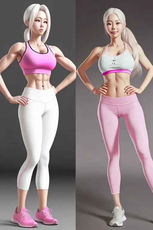 Full body photorealistic image of a fit and attractive busty Korean kpop girl with a large and ankle length straight white hair but wearing pink yoga pants and a pink sports bra