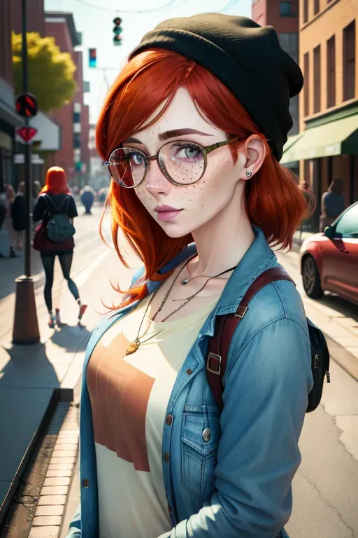 Dopamine Girl 8k Freckles Ultra Realistic 1woman Shy Red Hair Hazel Green Eyes Hipster