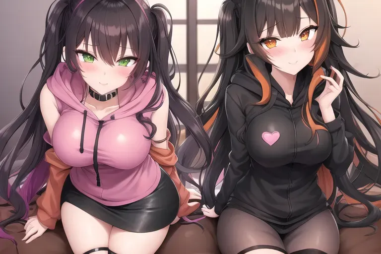 Hentai art,two girls, sex ,coffee shop.black long curly brown hair,pink hoodie and black skirt and green eyes.long black hair and orange hoodie and black shorts,cute,very very small breast,purple eyes