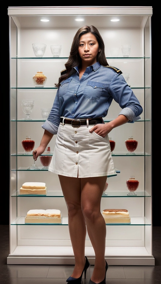 The woman was frozen in time, dressed in uniform with a white button-down shirt that accentuated her large natural breasts, and a wide-hipped blue cloth skirt, along with a pair of high heels. The woman is Latin American. She is inside a glass display case displayed for sale. The stage is a white-walled room illuminated evenly by white lights. ((Despite being overweight, she still looks attractive)). The image should show the broad figure of the woman inside the glass display case. Your facial expression should be neutral, with your eyes fixed on the camera but without emotions.(((full body view, full body photo)))), ((full body view)), ((breasts large natural)), ((overweight)), (((hyperrealistic))),
Masterpiece,
perfect edges,
ultra realistic,
perfect anatomy,
realistic skin texture