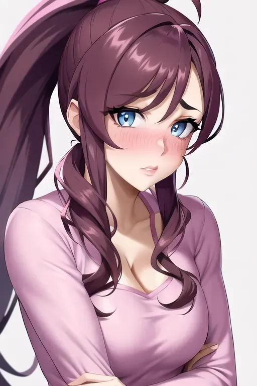 Woman wearing a fuzzy onesie, pink clothes, darkbrown hair, ponytail, blue eyes, focus on face, looking at camera, cleavage, embarrassed, shy, detailed lips, lipstick