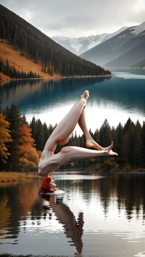 Skinny, redhead, next to lake, naked, wet, legs apart, full body, spread, dildo