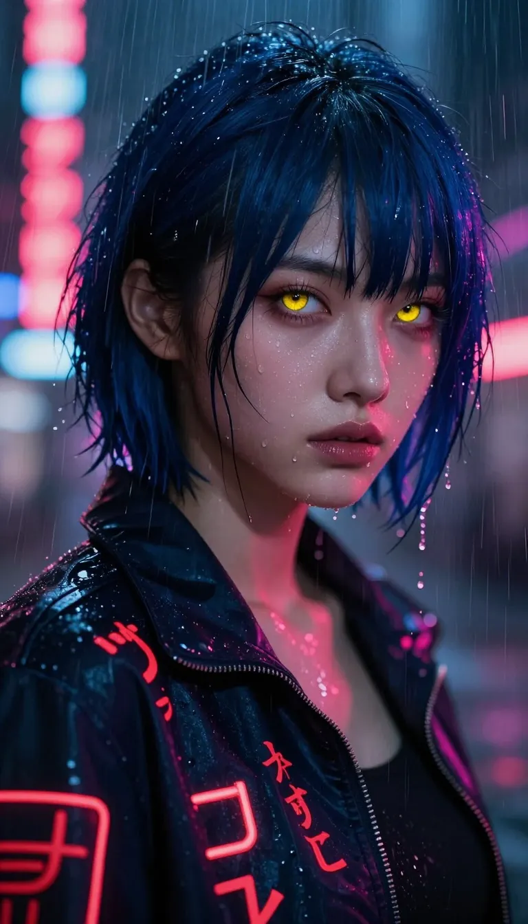 This is a digital art image in a cyberpunk style. It features a close-up of an Asian woman with short, dark blue hair and striking golden-yellow eyes. Her face is wet with rain, with water droplets glistening on her skin. She wears a dark jacket adorned with red neon Japanese characters. The background is blurred but shows vertical neon signs with Japanese text in red and blue. Red and pink rain streaks dominate the foreground, adding a sense of motion and intensity. Her expression is serious and slightly melancholic, enhancing the overall moody and atmospheric feel of the image.