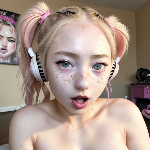 best quality, masterpiece, 1girl, 1boy, sex, nsfw, dpmg_cowgirl_v1, ponytail, blonde hair, large breasts, naked, perfect breasts, blushing, freckles, open mouth, visible breath, creampie, orgasm face, gamer girl, headphones, mature, lipstick, big lips