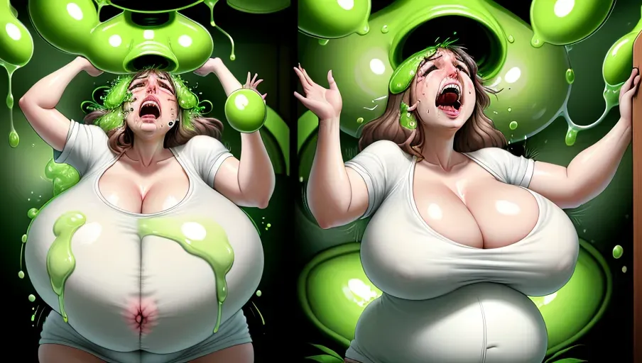 a pregnant woman with big breasts is trapped in a plant with green liquid in the plant, screaming in pain as she is digested in the plant,