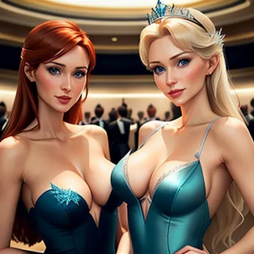 Anna in Las Vegas. playing cards in a casino with Elsa. low angle shot, 2 figures, different clothing.
Figure 1:
innocent, elegant, sweet, Anna of Arendelle 33 years old, Nordic, dark green dress, large natural round blue eyes, long auburn hair, sweet face, warm smile, soft curved eyebrows, smaller modest breasts. cards fanned in her hand.
Figure 2:
elegant, sensual, Elsa of Arendelle 37 years old, Nordic, light blue dress, large natural almond blue eyes, long platinum blond hair, sweet face, cold scheeming smile, arched eyebrows, moderate breasts. cards fanned in her hand.
five fingers per hand, ultra realistic, unreal engine, reduced saturation, adult
