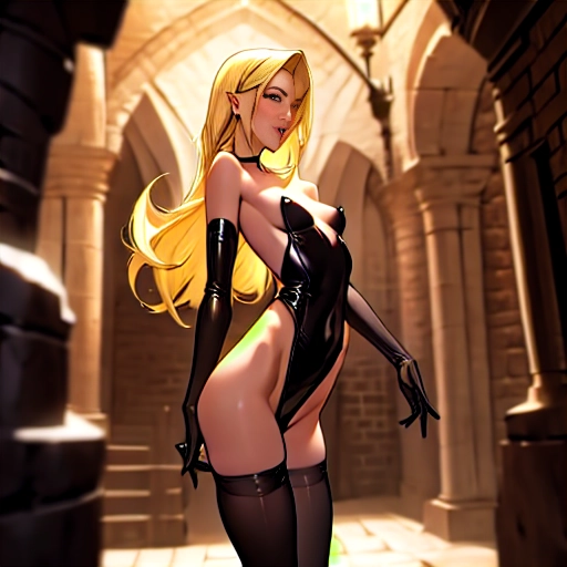 Blonde naked woman with black stockings and small breasts in dungeon