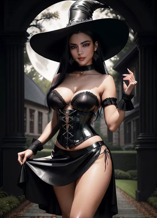 ((full-length photograph)) Insanely detailed and intricate, highly detailed Realistic photo of, (((full-body image of a gorgeous woman))), slim woman, long black hair, wearing black witches outfit, pointed hat, black corset, black skirt, knee length leather boots, model face, sexy smile, head in shot, legs in shot, feet in shot, medium breasts, five fingers each hand, sexy pose, out side a spooky mansion, night time, moonlit night, sharp focus, looking into camera, (standing pose), natural breasts ,five fingers per hand, accurate face, beautiful face, beautiful lips,((realistic eyes))),curved eyebrows, curved eyelid, textured skin, bokeh, (detailed skin)((real skin texture))((real skin))((((entire body in frame))))