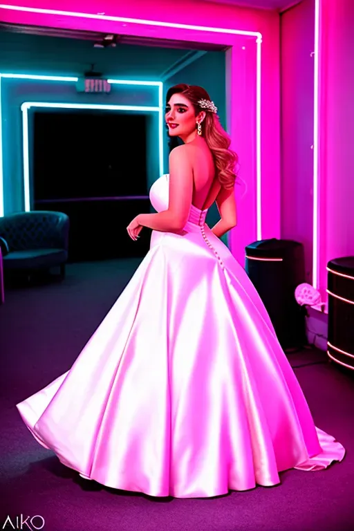 photograph, 20 year old, a young actress, thicc, wedding dress, pink, night club, day time, neon lights, scared, 8k, professional
