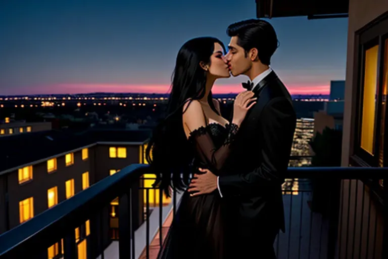 A beautiful slim flat chested woman with long black hair wearing a beautiful black evening gown with an expression of orgasm on her face leaning over with her hands holding the railing of a balcony looking out on a city while a young handsome man fully dressed with short black hair stands behind her kissing her, softly erotic atmosphere, realistic photo, early evening light from outdoor lights on the balcony, the Moon is just beginning to show