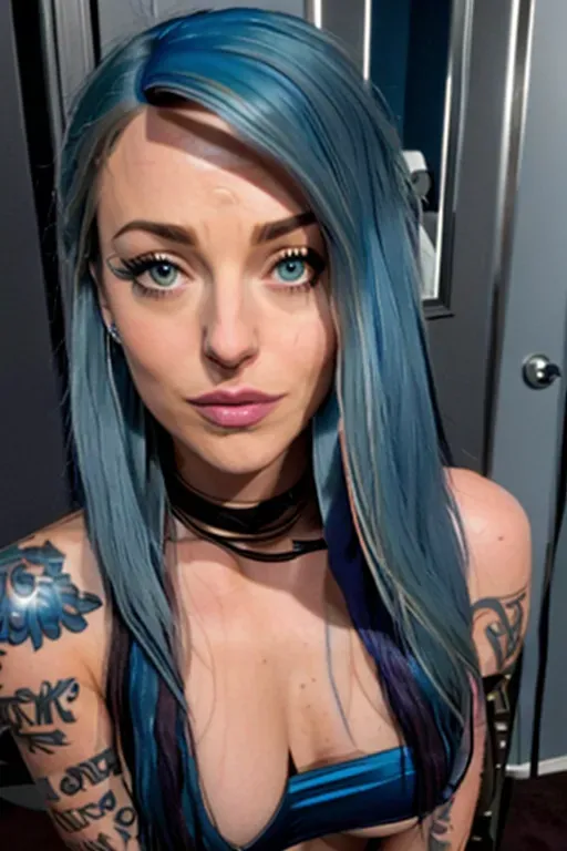 A 8K resolution photo, Sexy pose, ((Dakota Johnson)), Californian whore, Caucasian, skinny, 21-years-old, (((long blue-hair))), ((((blue-haired)))) slut, streamer at work, heavy make-up, sexy underwear, loose straight hair, perfect face, perfect body, Ultra-realistic, best quality, ((8k resolution photo shot))