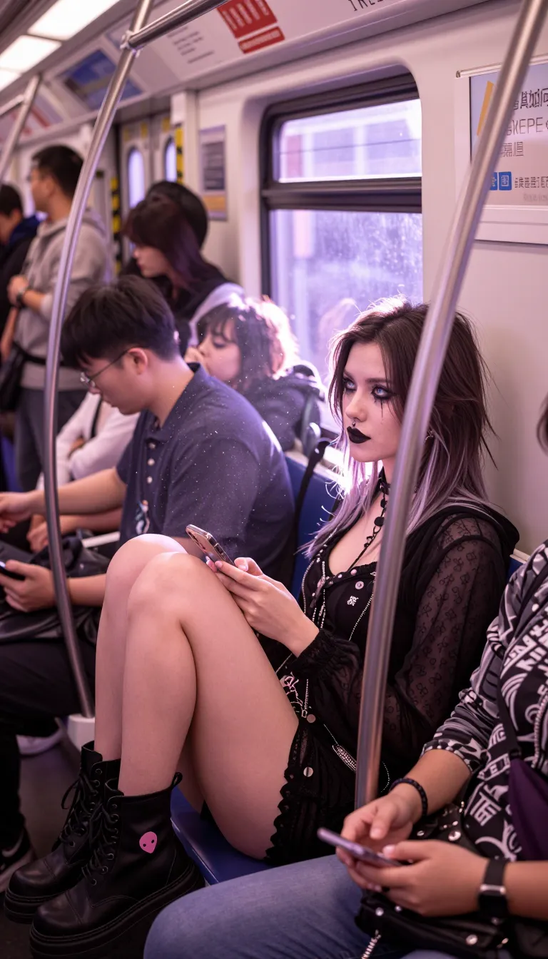 candid street photography, sneaky stolen shot from a few seats away inside a crowded commuter metro train, young woman with clear blue eyes is sitting naturally with crossed legs waiting for her station and looking away. She has a distinct alternative edgy aggressive look with clothing resemble of gothic and punk style with a cleavage, her hair are dyed at the points and she has heavy goth makeup. She is minding her own business unaware of being photographed , relaxed using her phone.
lighting: Lilac, Light penetrating the scene to create a soft, dreamy, pastel look.
atmosphere: Hazy amber-colored atmosphere with dust motes dancing in shafts of light